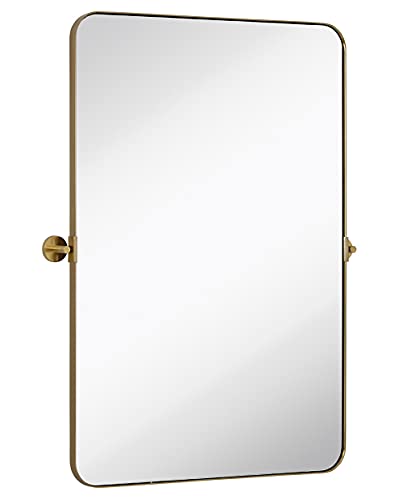 Hamilton Hills Gold Metal Surrounded Round Pivot Mirror | Silver Backed Adjustable Moving & Tilting Wall Mirror Adjustable 24