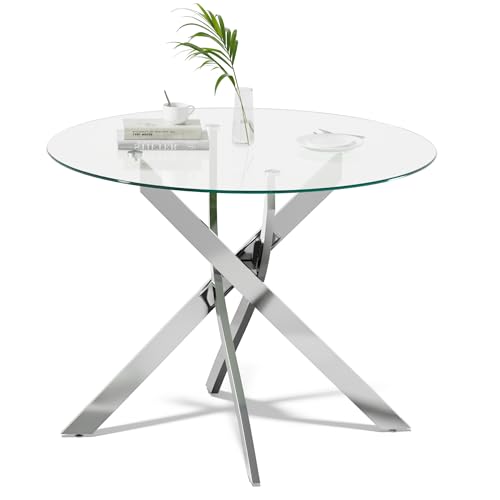 Gujiam Glass Dining Table,Round Kitchen Table with Chromed Legs,35.3" Small