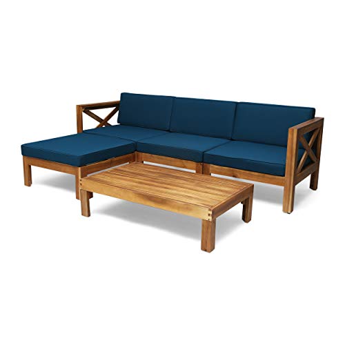 Christopher Knight Home 308261 Mamie Outdoor Acacia Wood 5 Piece Sofa Set, Teak Finish, Dark Teal