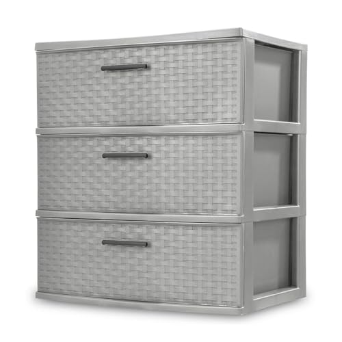 3 Drawer Wide Plastic Weave Tower with Pull Handles,Decorative Storage