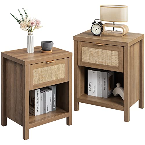 SICOTAS Rattan Nightstand Set of 2 - Farmhouse Night Stand