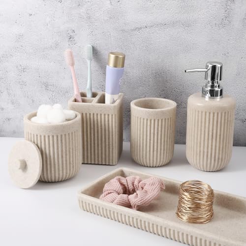 Resin Beige Bathroom Accessories Set 5 Pcs, Lotion Soap Dispenser,