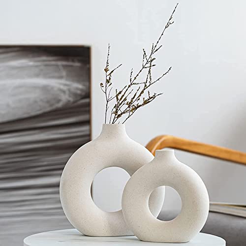 White Ceramic Vases- 2 for Modern Home Decor,Round Matte Boho