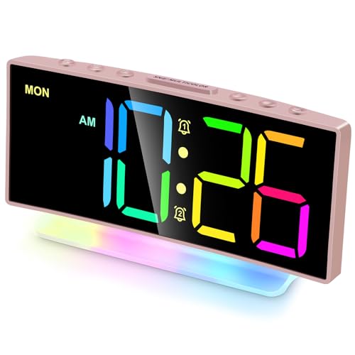 Modern Curved Cute Digital Alarm Clock,Dimmable Colorful Led Display,Adjustable Volume,Weekday/Weekend