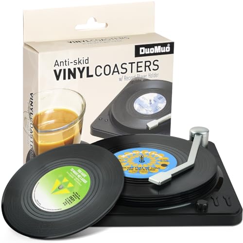 Funny Retro Record Coasters for Drinks with Vinyl Player Holder