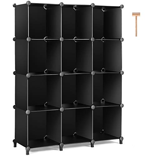 TomCare Cube Storage 12-Cube Bookshelf Closet Organizer Storage Shelves Shelf Cubes Organizer Plastic Book Shelf Bookcase DIY Square Closet Cabinet Shelves for Bedroom Office Living Room, Black