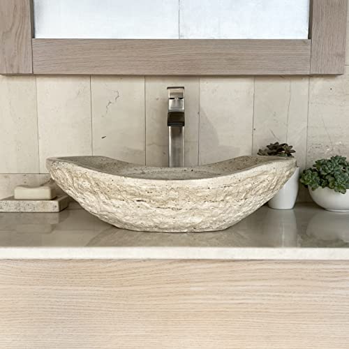 Natural Travertine Chiseled Bathroom Vessel Sink - Oval Canoe Shape