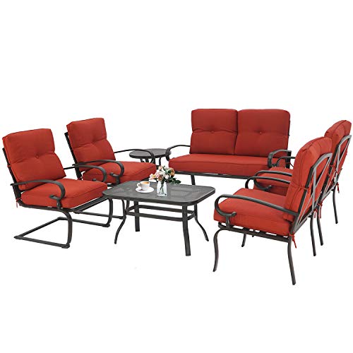 Incbruce 7Pcs Outdoor Patio Furniture Conversation Sets (Loveseat, Coffee Table and Bistro Table, 2 Spring Chair, 2 Lounge Chairs) - Steel Frame Cafe Furniture Sets with Cushions (Red)