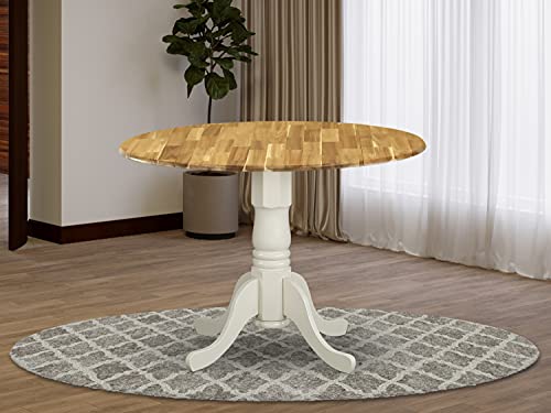 East West Furniture DMT-NLW-TP Dublin Dining Table Made of Acacia offering Wood Texture with Two 9 Inch Drop Leaves, 42 Inch Round, Linen White Pedestal