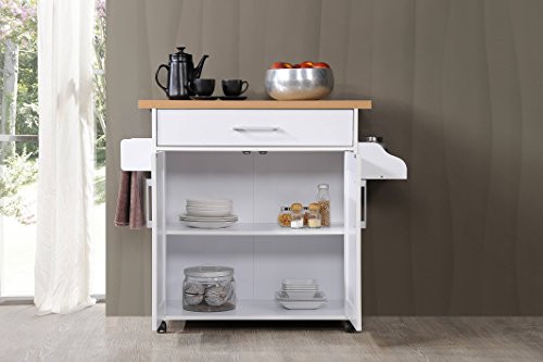 Hodedah Kitchen Island with Spice Rack, Towel Rack & Drawer, White with Beech Top