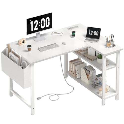 DLisiting White L Shaped Computer Desk with Power Outlet Shelves,