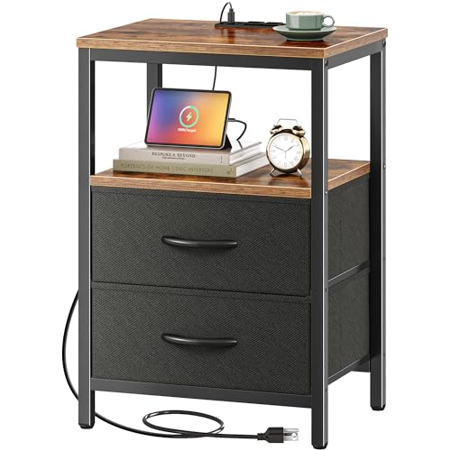 Huuger Nightstand with Charging Station, Side Table with Fabric Drawers,