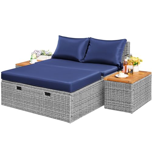 Flamaker Outdoor Rattan Lounge Chair with 2 Side Tables, Multifunctional