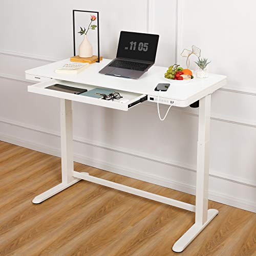 Flexispot Electric Standing Desk with Drawer Height Adjustable 48 x 24 Inches White Desktop & Frame Quick Install Comhar Home Office Table w/USB Charge Ports, Storage Desk Organizer