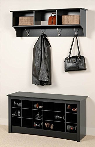 Prepac Entryway Wall Mount Coat Rack w Shoe Storage Bench in Black