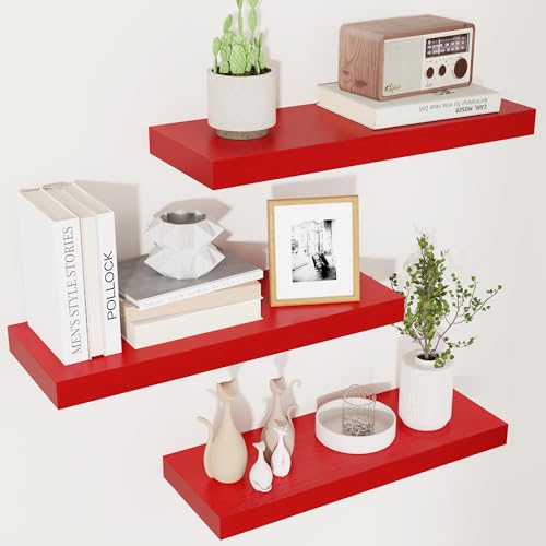 Red Floating Shelves for Wall, Solid Wood Wall Mounted Shelves