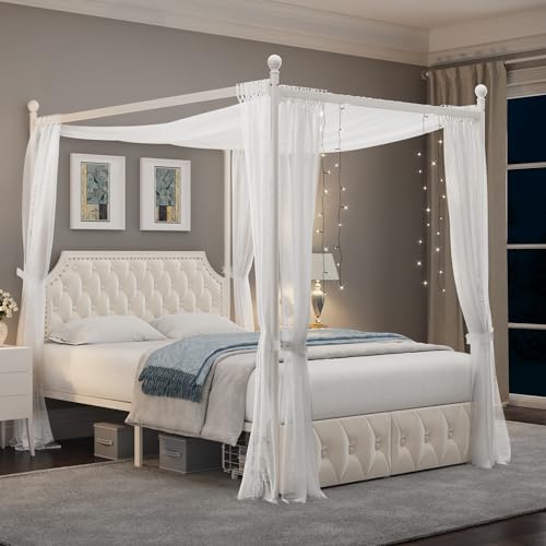 Keyluv Queen Upholstered Canopy Bed Frame with 2 Drawers and