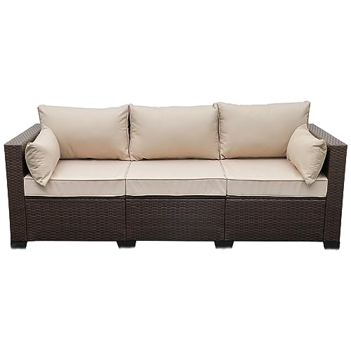 WAROOM Patio Couch PE Wicker 3-Seat Outdoor Brown Rattan Sofa