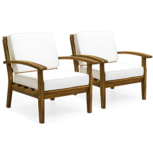 Best Choice Products Set of 2 Outdoor Acacia Wood Club Chairs for Patio, Porch, Poolside w/Cushions - Cream