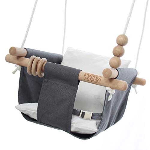 Monkey & Mouse Baby Swing Seat, Secure Canvas and Wooden