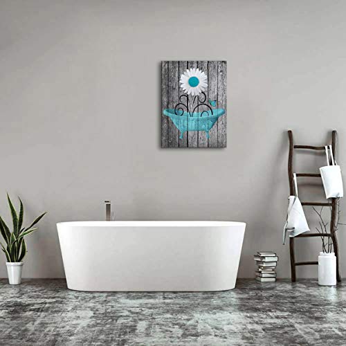 Bathroom Wall Art Daisy Canvas Pictures Modern Flower Bathtube Artwork Rustic Wood Board Background Contemporary Wall Art Decor Bedroom Living Room Office Home Framed Ready to Hang Blue 12