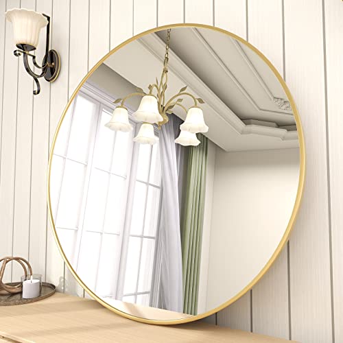 Wall Mounted Round Mirror with Brushed Metal Frame for Bathroom