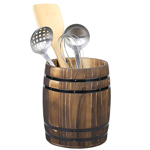 MyGift Wine Barrel Design Kitchen Utensil Crock, Vintage Rustic Burnt