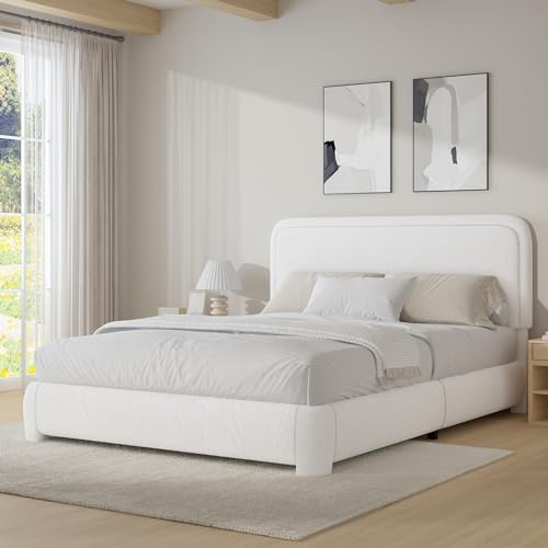 Queen Bed Frame, Boucle Upholstered Platform Bed Frame with Headboard,