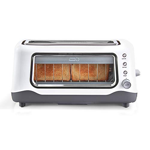 Dash Clear View Extra Wide Slot Toaster with Stainless Steel Accents + See Through Window-Defrost, Reheat + Auto Shut Off Feature for Bagels, Specialty Breads & other Baked Goods, White