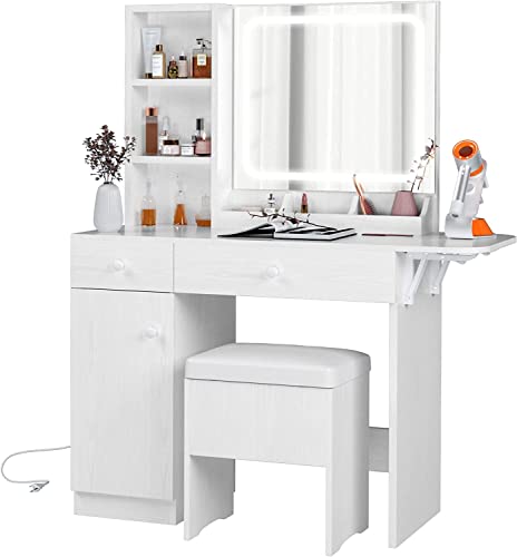 IRONCK Vanity Desk with LED Lighted Mirror & Power Outlet,