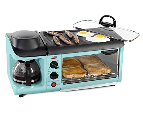 Nostalgia Retro 3-in-1 Family Size Electric Breakfast Station, Coffeemaker, Griddle, Toaster Oven, Aqua