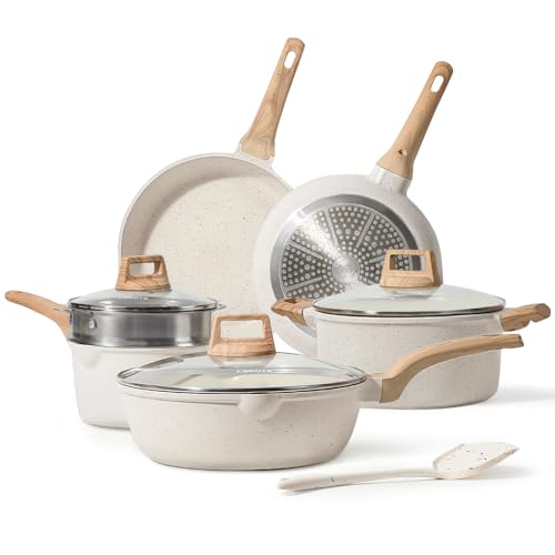 CAROTE Pots and Pans Set Nonstick, White Granite Induction Kitchen