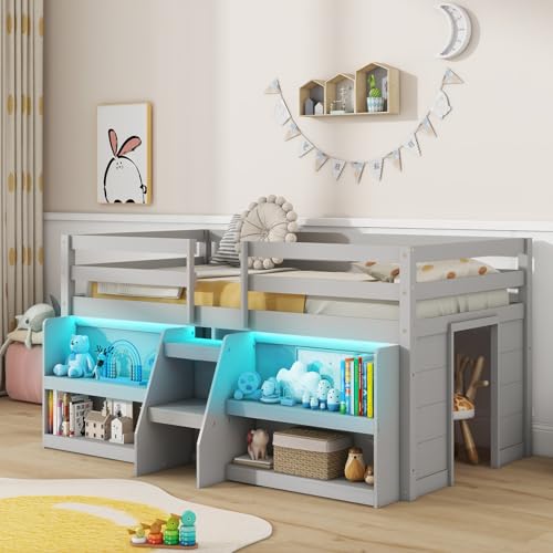 Giantex Low Loft Bed with LED Lights, Wooden Twin Loft