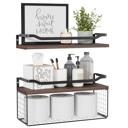 WOPITUES Floating Shelves with Wire Storage Basket, Bathroom Shelves Over