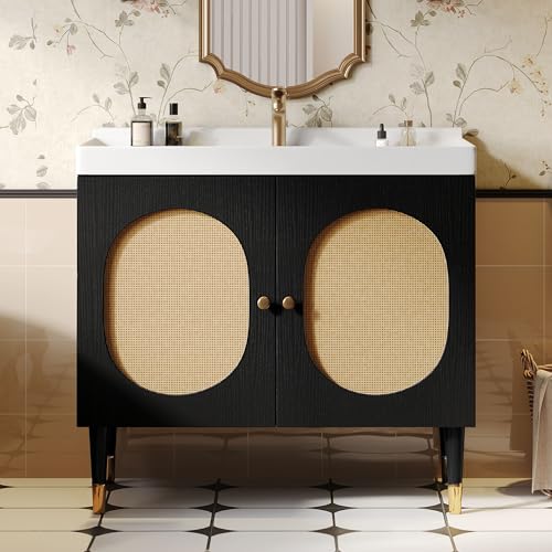 DWVO 36" Rattan Vanity with Sink, Freestanding Bathroom Vanity Cabinet,