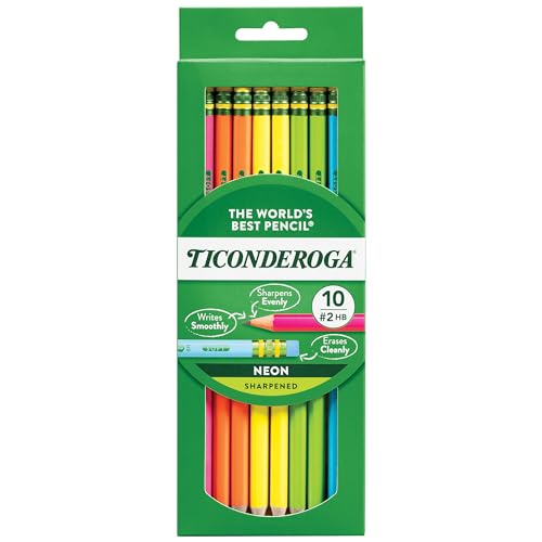 Ticonderoga Wood-Cased Pencils, Pre-Sharpened, 2 HB Soft, Neon Colors, 10