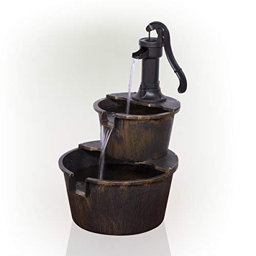 Alpine Corporation TIZ194BZ Alpine 2-Tier Rustic Pump Barrel Waterfall for Garden, Patio, Deck, Porch-Yard Art Decor Outdoor Water Fountain, Gray