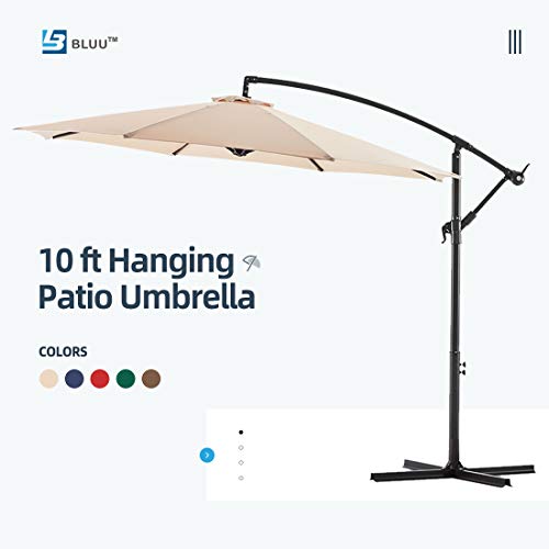 WUFF Bluu 10ft Patio Offset Umbrella Cantilever Umbrella Hanging Market Umbrella Outdoor Umbrellas with Crank & Cross Bases(Beige)