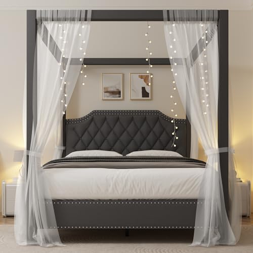 GarveeHome Upholstered Canopy Bed Frame Queen Size with headboard, Button