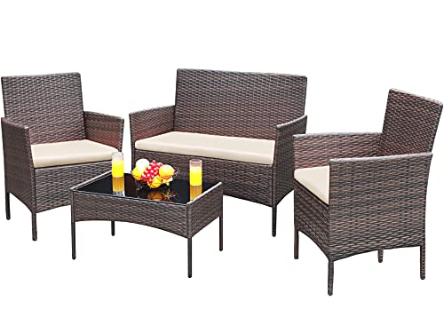 Greesum Patio Furniture 4 Pieces Conversation Sets Outdoor Wicker Rattan