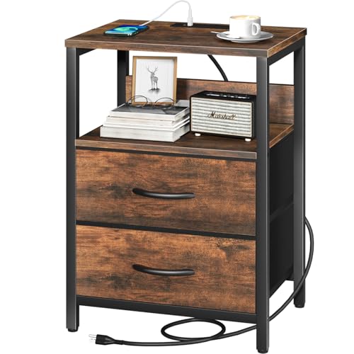 Yoobure Nightstand with Charging Station, Small Night Stand with Fabric