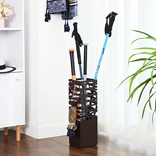 SONGMICS Metal Umbrella Stand Rack, for Canes Walking Sticks, Square Free Standing Umbrella Holder, with 2 Hooks, Entryway, Brown ULUC47Z