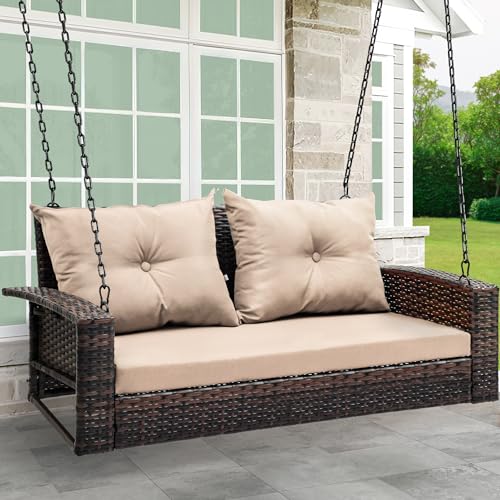 YITAHOME Wicker Hanging Porch Swing Chair Outdoor Brown Rattan Patio