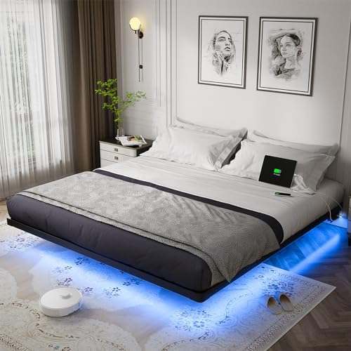 OLEVS Floating Bed Frame King Size with LED Lights and