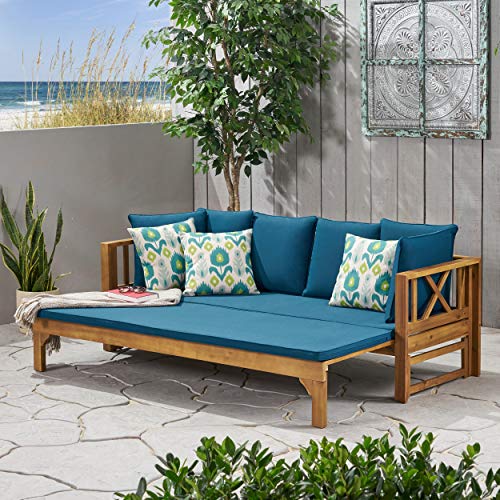 Great Deal Furniture Camille Beach Outdoor Extendable Acacia Wood Daybed Sofa, Teak and Dark Teal