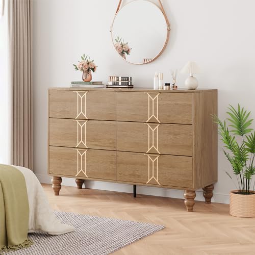 IDEALHOUSE Modern Wooden 6 Drawer Dresser with Vintage Pattern Design,