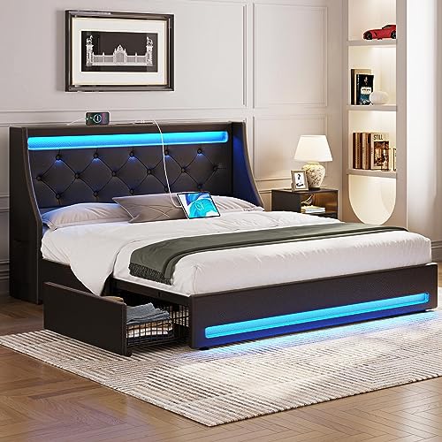 Rolanstar Full Bed Frame with LED Lights and Charging Station,