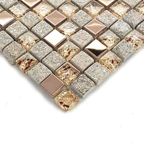 Hominter 11-Sheets Gray and Rose Gold Backsplash Tile, Natural Stone Mix Glass and Stainless Steel, Mirror Metal Wall Tiles OX022