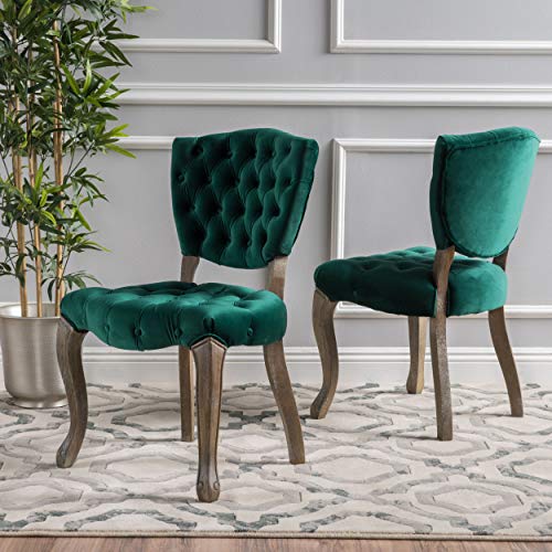 Christopher Knight Home Bates Tufted Velvet Fabric Dining Chairs, 2-Pcs Set, Dark Green