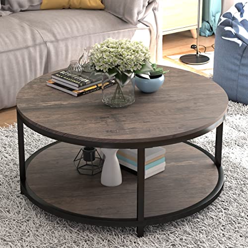 NSdirect Round Coffee Table,36" Coffee Table for Living Room,2-Tier Rustic